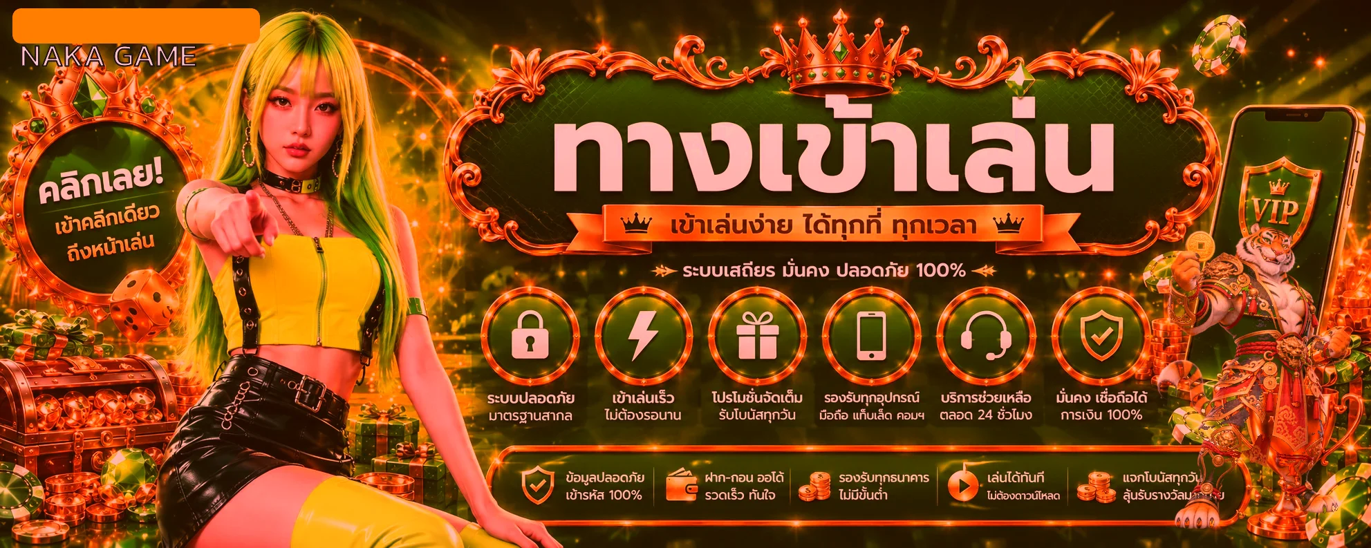 แบนเนอร์ทางเข้า NAKA GAME พร้อมระบบล็อกอินและมาสคอตเสือ