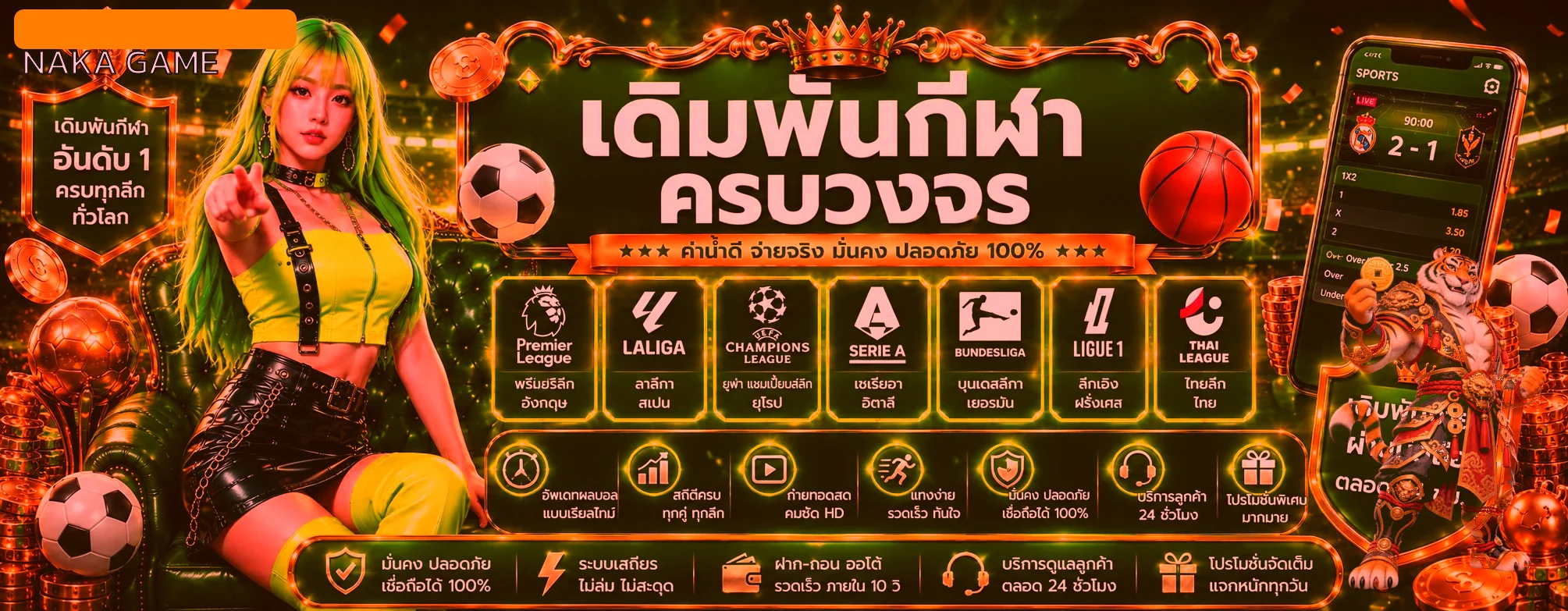 แบนเนอร์เดิมพันกีฬา NAKA GAME พร้อมฟุตบอล บาสเกตบอล และมาสคอตเสือ