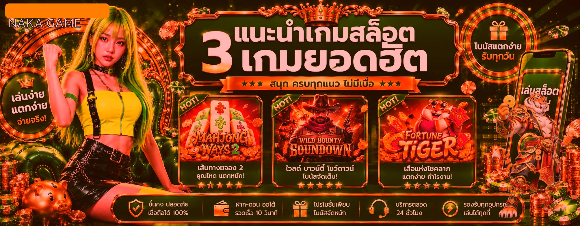 แบนเนอร์สล็อตเว็บตรง NAKA GAME พร้อมเกมยอดนิยมและมาสคอตเสือ